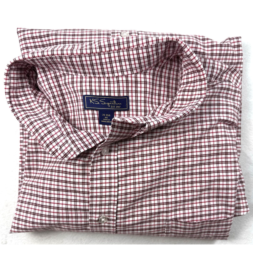 KS Signature shirt Red Maroon Plaid 20 35/26 BIG Classic Preppy Business